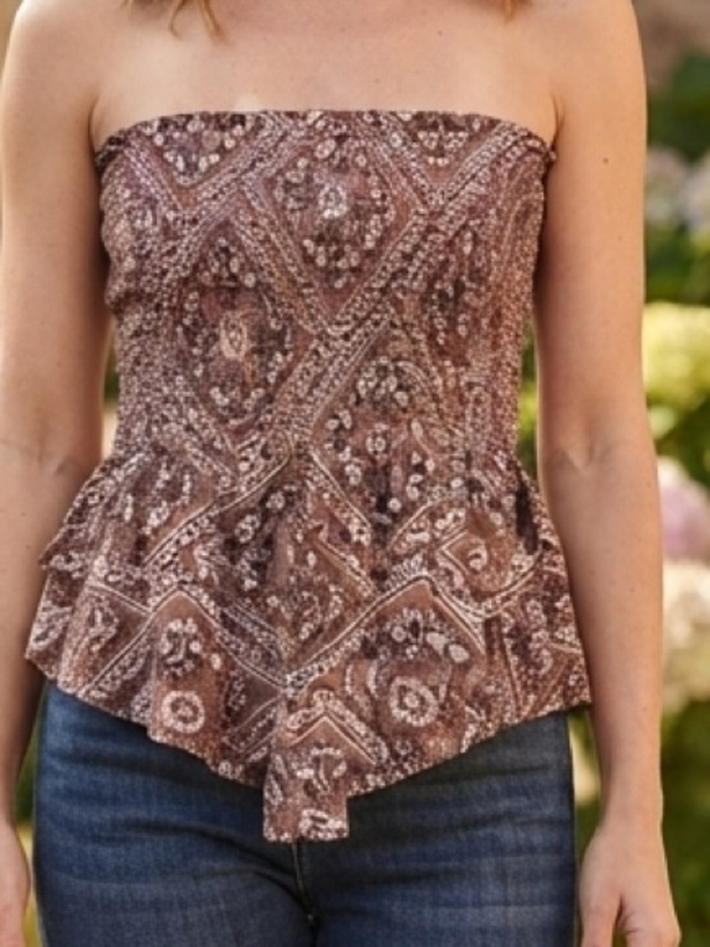 NWT New Look Brown Patterned Strapless Peplum Tank Top
